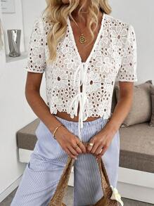 Pariaura Ladies Lace Hollow Embroidered Short Sleeve Blouse, Elegant And Charming - White - View 5