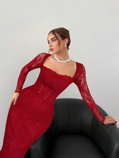 Aloruh فستان جسم ملاصق بفتحة رقبة مربعة وأكمام طويلة، مزخرف بالدانتيل على شكل S وكأس صدرية للنساء لحفلات وسهرات الخريف/الشتاء الجديدة، باللون الأسود