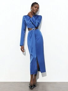 Maija Spring And Summer New Style Blue Waist Sexy Hollowed Out Metal Buckle Women's Long Dress Urban Modern Elegance Daily Casual Commuting Suitable For Going Out For Vacations, Festivals, Parties, Weddings And Dates Business Casual Women's Wear, Office Wear, Low-Key Old Money Style, Effortless Temperament, High-End Urban Commuting, The Same Style As The Editor-In-Chief Of The Magazine, Urban Social Vacation Party Wear, Charming, Low-Key And Durable Basic Style, Versatile And Not Picky Clothing, Street Fashion Wear, Clothing, Coffee Shop, Relaxed Wear