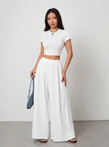 SHEIN PETITE Solid Color Short Sleeve T-Shirt And Wide Leg Pants Set, Minimalist Fashion Casual Daily Wear