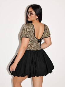 SHEIN ICON Plus Size Leopard Print Patchwork Bow Decor Backless Short Sleeve Dress - Multicolor - View 7