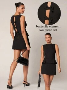 Ensemble de deux pièces noir Glamine : blouse sans manches à col bateau, jupe unique avec nœud dans le dos. Simple et épuré. Nouveau ensemble deux pièces printemps pour femme, convient pour le travail, les sorties, la Saint-Valentin, une utilisation polyvalente et romantique.