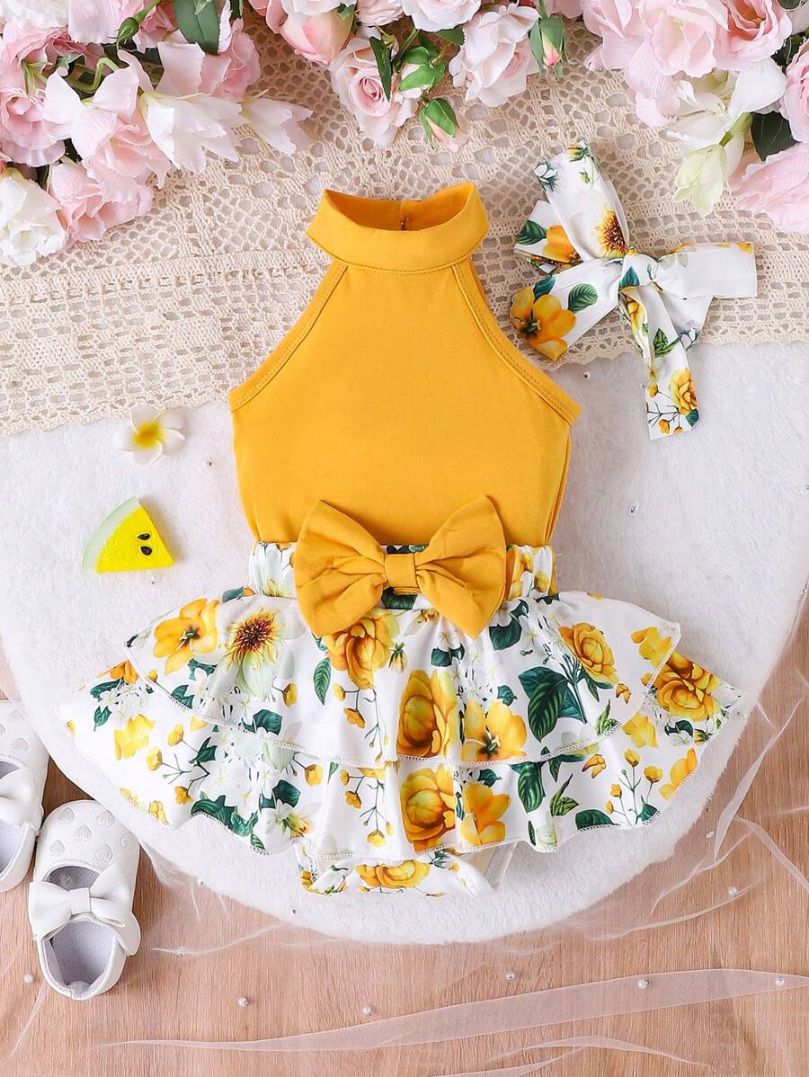 SHEIN 女婴纯色吊带上衣和花卉印花裙 2 件套 - 黃色 - 查看 1