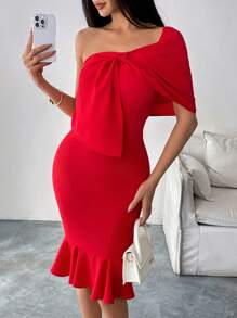 Calvaya Elegant Fitted Solid Color Bow Decor Ruffle Hem Bodycon Dress