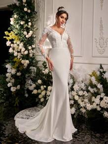 Glamrae Váy Maxi dài tay cổ chữ V màu kem thanh lịch & sang trọng với tấm vải mỏng, trang trí nơ lớn, chèn ren thêu, vải satin co giãn có đuôi, thích hợp cho đám cưới, tiệc tùng, tuần trăng mật - Màu be - Xem 7