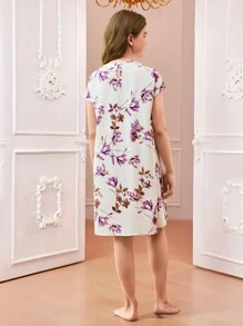 SHEIN 青少年女孩优雅紫色花卉印花绉布休闲连衣裙/睡衣/家居服 - 紫色 - 查看 2
