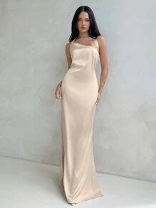 Aloruh Vestido ajustado de satén con un solo hombro y espalda descubierta para mujer, perfecto para bodas, citas y ocasiones formales