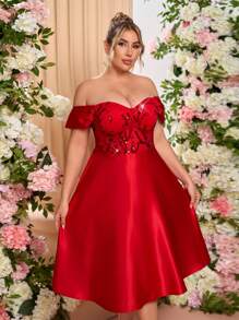 SHEIN Belle Vestido de Baile Longo Elegante de Luxo Vermelho com Lantejoulas, Recortes em Cetim, Manga Longa, Cintura Baixa, Tule Transparente, Modelo Evasê, Vestido Convidado de Casamento, Vestido para Dia dos Namorados, Vestido de Festa, Vestido de Formatura - Vinho - Visão 4