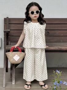 Dazy Kids 2pcs Young Girl Girls Sleeveless Allover Print Shirt + Woven Pants Set, Spring/Summer Vacation - White - View 2