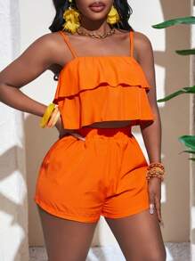 Slaydiva 2025 Summer New Arrivals, Music Festival, Easter, St. Patrick's Day, Western Style, Nomadic Style, Birthday Party, Graduation, Student Wear, Casual Daily Outfit, Vacation, Cruise Travel, Beach, Sunbathing, Fashion Influencer Style, Double-Layer Ruffle Cami Tank Top Set For Women