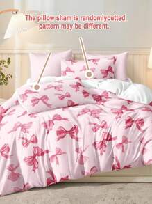 3件套水彩粉色蝴蝶结情人节数码印花床上用品套装（1个被套+2个枕套，不含被芯），可爱少女风，日常柔软涤纶面料，适合四季卧室/宿舍，浪漫家居装饰，优雅床上用品 - 粉色 - 查看 7