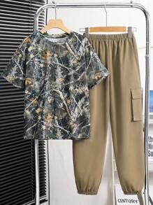 SHEIN Leap Crew 男童休闲印花短袖T恤和裤子套装 - 軍綠色 - 查看 7