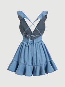 SHEIN MOD 女式荷叶边露背交叉牛仔连身裤，女士夏季服装，女士度假服装，狂欢节服装，春假服装，波西米亚风女装，狂欢服装，飘逸连身裤，春假连身裤，春假连衣裙 - 淺色水洗藍 - 查看 2