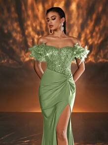 Glamrae 优雅奢华的祖母绿露肩毛茸茸袖子，带有透明亮片面板，弹力面料，开衩鱼尾裙，婚礼宾客礼服，适合婚礼、派对、毕业典礼、庆典、鸡尾酒会礼服、派对礼服、正式礼服、晚礼服、长袍 - 綠色 - 查看 7