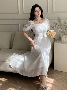 DAZY 女士提花方领泡泡袖优雅连衣裙吊带长裙 - 白色 - 查看 7