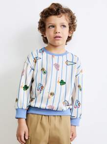 THE HAPPY LOOK Young Boys Ribbed Cute Graphic Print Crew Neck Drop Shoulder Sweatshirts, Casual & Adorable Style, Suitable For Spring & Winter