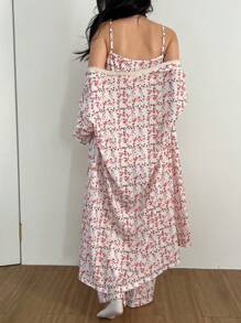 DAZY 3pcs Vacation Ditsy Floral Splice Wrap Robe, Cami Top And Loose Pants Sleepwear Set