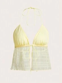 SHEIN ICON Split Hem Tie Backless Mesh Halter Y2k Top - Mustard Yellow - View 2