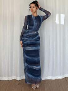 Rafferiza Women's Tie-Dye Print Ruffle Crew Neck Long Sleeve Dress Fall Cloth For Women - Blue - View 3