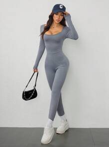 SHEIN EZwear Spring Black Solid Square Neck Unitard Jumpsuit