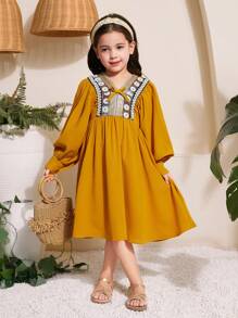 SHEIN Patch Tape Embellished Long Sleeve A-Line Dress, Vacation Look For Young Girls - Yellow - View 4