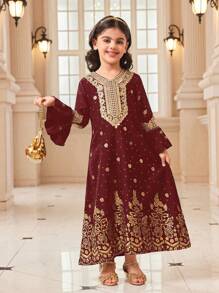 Young Girl' V-Neck Long Sleeve Minimalist Graphic Print Casual Dress - Burgundy - View 1