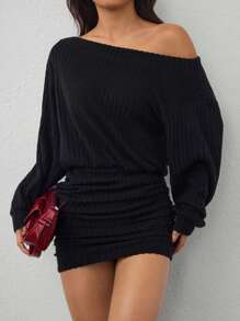 SHEIN Tall Women's Solid Color Asymmetric Neck Ruffle Midi Dress - Black - View 2