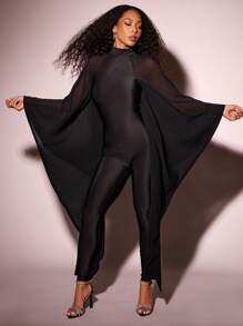Vixey Mesh Cape Sleeve Detail Skinny Leg Jumpsuit - Black - View 5