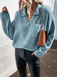 SHEIN LUNE Women's Solid Color Drop Shoulder Long Sleeve Pocket Sweater, Autumn/Winter Knit Pullover Fall - Baby Blue - View 4