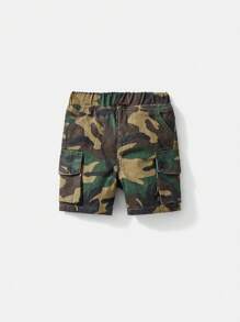 SHEIN Baby Boy Urban Street Cool Camouflage Loose Fit 100% Cotton Cargo Jean Shorts, Fully With Elastic Waistband. Front Pockets And Flap Patch Pocket At Sides. And Soft - Army Green - View 1