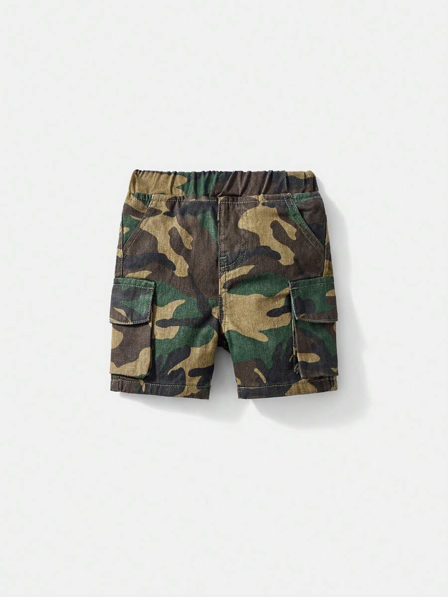 SHEIN Baby Boy Urban Street Cool Camouflage Loose Fit 100% Cotton Cargo Jean Shorts, Fully With Elastic Waistband. Front Pockets And Flap Patch Pocket At Sides. And Soft - Army Green - View 1