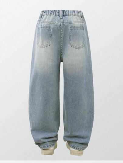 Genkimix Kids Quần jean denim dáng suông, cạp chun, túi khóa kéo, kiểu rách nhẹ, dành cho bé trai tuổi teen, phong cách thường ngày năng động, đường phố, thích hợp đi học, đại học, mùa thu/đông.