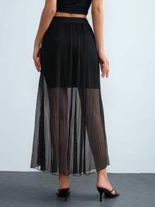 Lumivelle Mesh Patchwork Solid-Color Bodycon Maxi A-Line Pleated See-Through Open Slit Elegant Formal Party Date Night Sexy Commuter Pure Chiffon Women Long Skirt Y23K