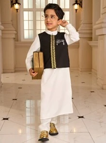 SHEIN 2pcs Muslim Kid Outfit - Shirt And Vest Set, Little Gentleman Muslim Boys White Robe Suit, Muslim Stand Collar Shirt For Boys Aged 4-7 Years