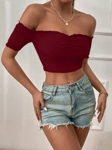 Breezaya 夏季休闲纯色露肩短款T恤