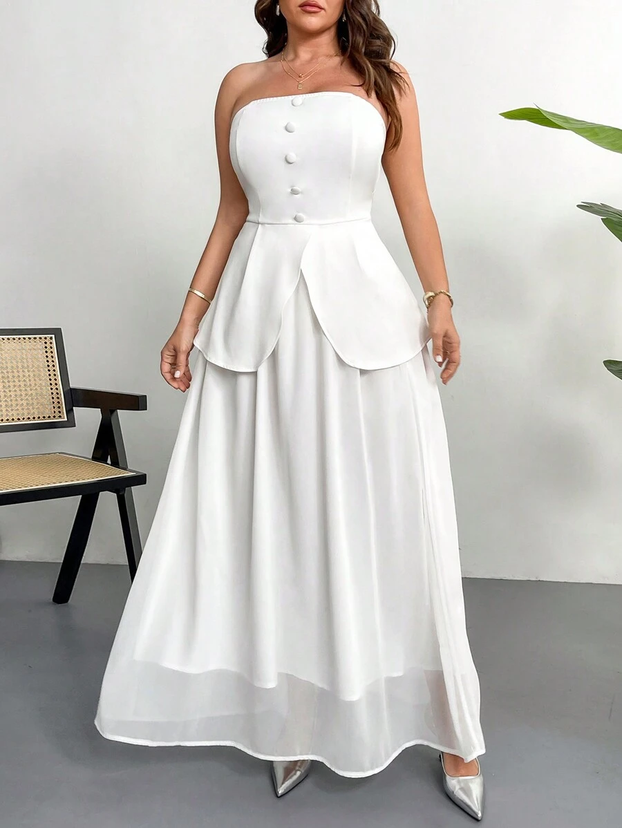 Firerie Plus Size Women 2 Pieces Set Including Elegant Simple Chiffon A-Line Skirt And Romantic Casual Sleeveless Top, Suitable For Work Office, Spring/Summer