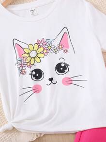 Tween Girl Casual Cute Cartoon Cat & Floral Print Matching T-Shirt And Tapered Pants 2 Pieces Set