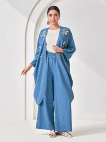 Veilorie 2pcs Women Set: Floral Decor Long Sleeve Jacket And Pants