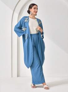Veilorie 2pcs Women Set: Floral Decor Long Sleeve Jacket And Pants