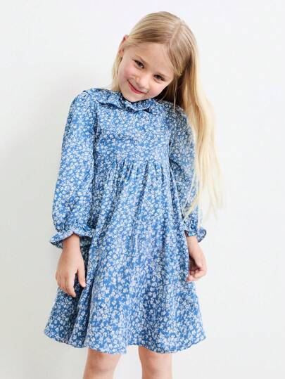 SHEIN Young Girls Ditsy Floral Ruffle Collar Puff Sleeve Loose Hem Midi Dress, Pastoral Countryside Style