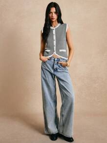 Poéselle New Contrast Stripe Knitted Camisole Vest, Fashionable Sleeveless Women' Cropped Top - White - View 5