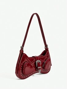 SHEIN X Lucía Bellido SHEIN ICON Ladies, Women Shoulder Bag, Hobo Bag, Fashionable, Personalized, Simple, Versatile, Street, Sweet And Cool Girls, Hot Girls, Y2k, Retro, Rivets, Vintage, Teenagers, Y2k Bag, 2000s Fashion Style, Gothic Punk Bag For Women - Burgundy - View 3
