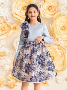 SHEIN Leap Crew Tween Girl 优雅荷叶边领长袖上衣和裙子 2 件套 - 藍色 - 查看 4