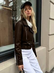 EURMUSE 纯色拉链腰部 PU 皮革休闲长袖夹克 - 棕色 - 查看 5