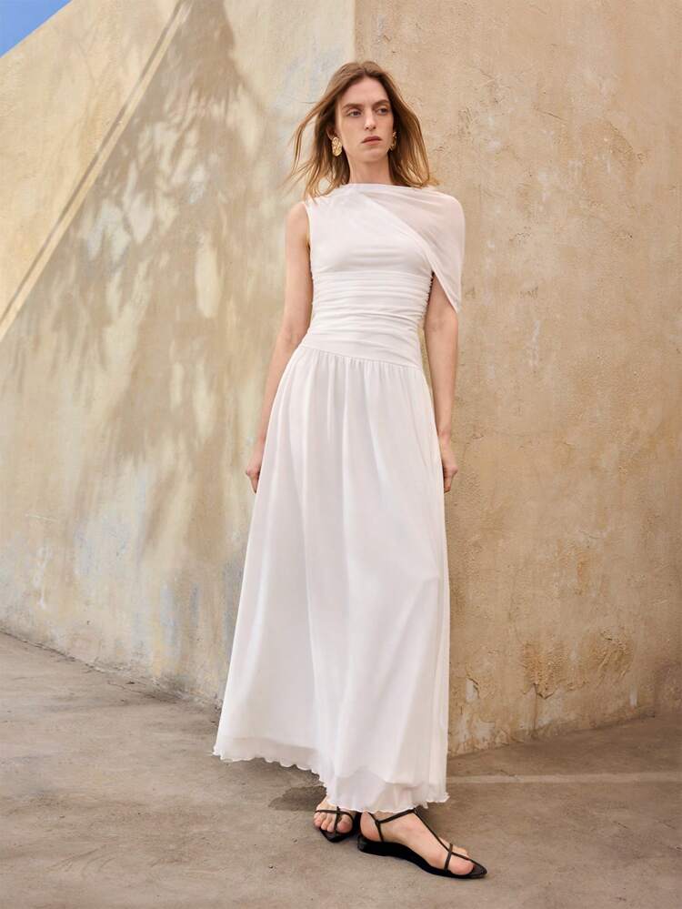 Women's White 90s Style Asymmetric Neck Mesh Patchwork Dress, Elegant