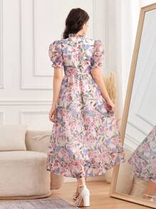 SHEIN Elegant, Party, Glamorous, Traveling Teen Girl Floral Pattern Crochet Yoke Puff Sleeve Organza Overlay Dress