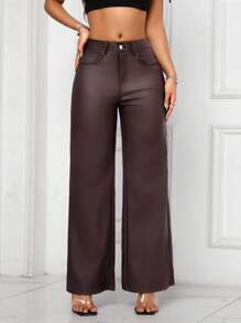 SHEIN PETITE Women's Solid Color Pocketed Wide Leg Loose Casual Pants Fall Cloth For Women
