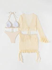 Swim Mod Summer 4pcs Women Lace Neck Tie Bikini, Sheer Long Ruffle Sleeve Cover Up Set - Apricot - View 6