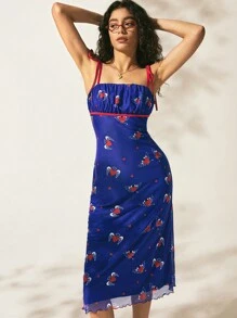 Easelle Vestido ajustado de malla azul con estampado de corazones para el Día de San Valentín para mujeres