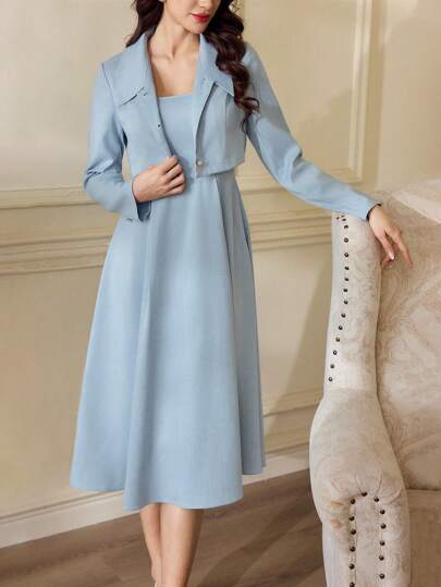 Vintamour 复古优雅女式两件套：方领无袖吊带裙 A 字长袖短款夹克，配仿珍珠纽扣开合，工作服情人节情人节服装度假服装女士情人节服装女士夏季服装 2 件套女士情人节连衣裙女士优雅长袖连衣裙女士生日服装婚礼宾客礼服女士商务休闲女士教堂服装女士巡航服装